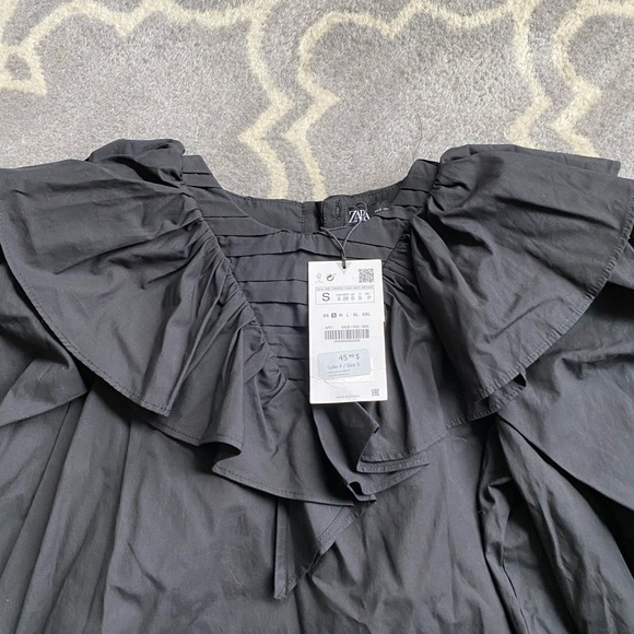 Zara New Cotton Black Ruffled Sleeve Button Down Long Sleeve Cotton Shirt - Picture 4 of 4